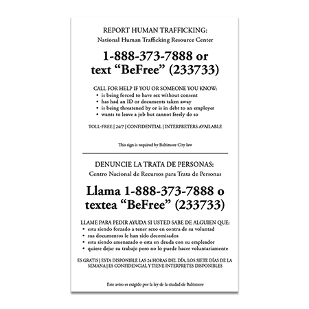 Baltimore, Maryland Bilingual Human Trafficking Notice - Acrylic