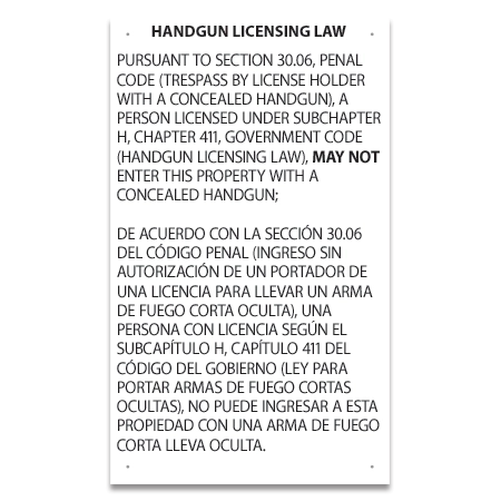 Handgun Licensing Law Sign (30.06)
