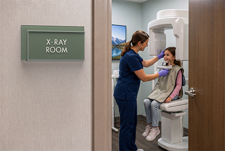 An outpatient surgery center corridor with a directory sign pointing to patient check-in, procedure areas, and recovery spaces.