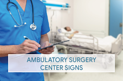 An outpatient surgery center patient check-in area with a directory sign pointing to the waiting room and restrooms.