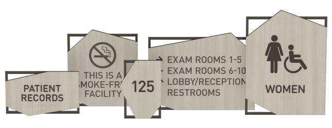 Assisted living signage mood board with restroom and room number signs, fabric swatches, and hardware