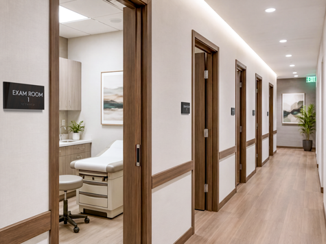 A coordinated Arctic restroom sign and exam room number signs mounted along a clean, modern dental office corridor.