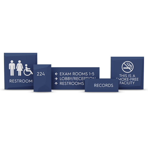 A coordinated group of Facets doctor office signs for the restroom, exam numbers, directional sign, room sign, and smoke-free facility sign.