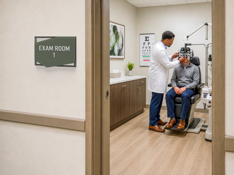 An optometrist adjusts the phoropter while conducting an eye exam. The space bears a Chassis exam room 1 sign.