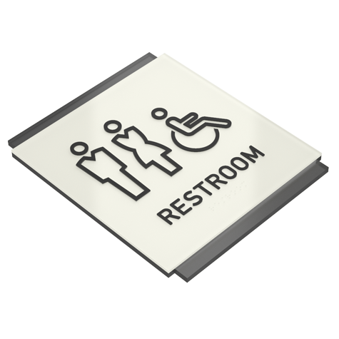 A close up image of a Structure all-gender restroom sign detailing the tactile and visual components of an ADA-compliant sign.