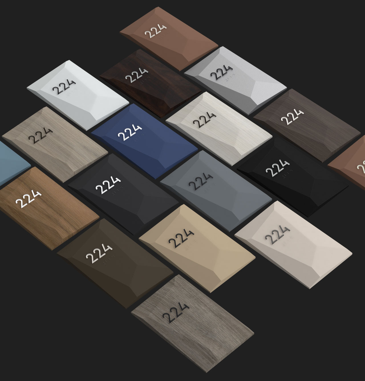 Facets room number signs in a variety of colors and patterns.