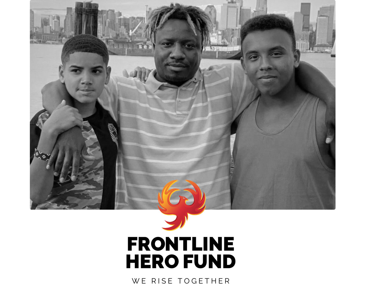 Picture Of Doug Bwamu And His Children and the Frontline Hero Fund Logo.