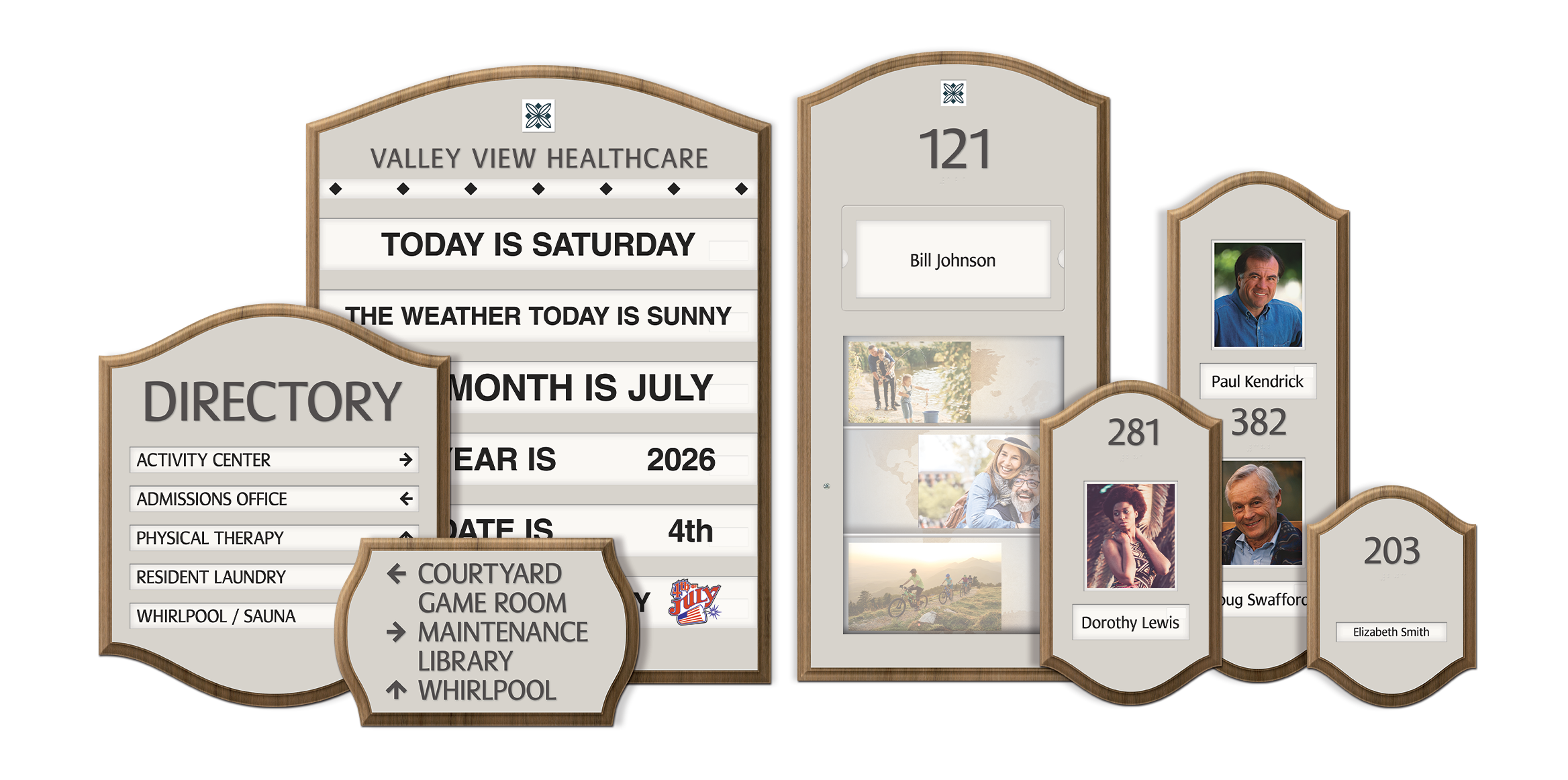 Senior care signage group with directory, activity board, resident memory box, and room signs