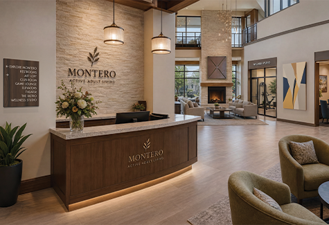 A resident walks through a modern senior care corridor with clear room identification and accessible wayfinding signs.