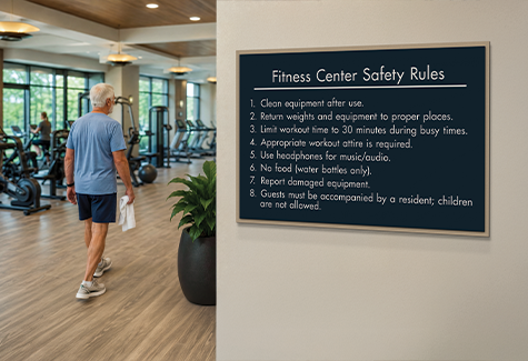 A resident walks through a modern senior care corridor with clear room identification and accessible wayfinding signs.