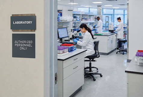 Laboratory and authorized personnel only signs mark the entrance to a lab where staff work with test tubes, microscopes, and lab equipment.