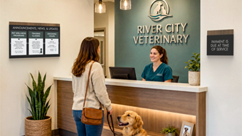 A veterinary clinic reception area with branded Flexia Pinnacle Iso signage that helps pet owners feel welcome and oriented.