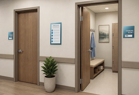A radiology changing area with a changing room sign with availability slider on, helping patients understand where to prepare before imaging.