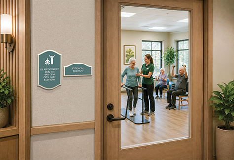 A resident walks through a modern senior care corridor with clear room identification and accessible wayfinding signs.