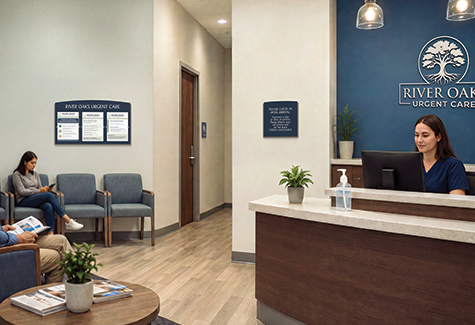 An urgent care check-in area and waiting room with a policy sign, information display, and a family restroom with sign nearby.