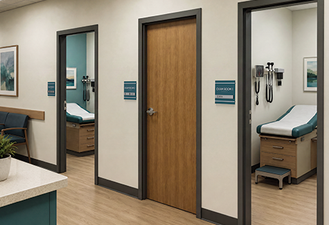 Exam room status signs identify open and in-use rooms along an urgent care corridor, helping patients and staff avoid doorway confusion.