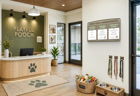 A doggie day care entrance with branded environmental graphics, a message display, and an informational sign for pet owners.