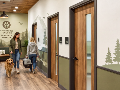 A vet hallway with Willow exam room number signs.