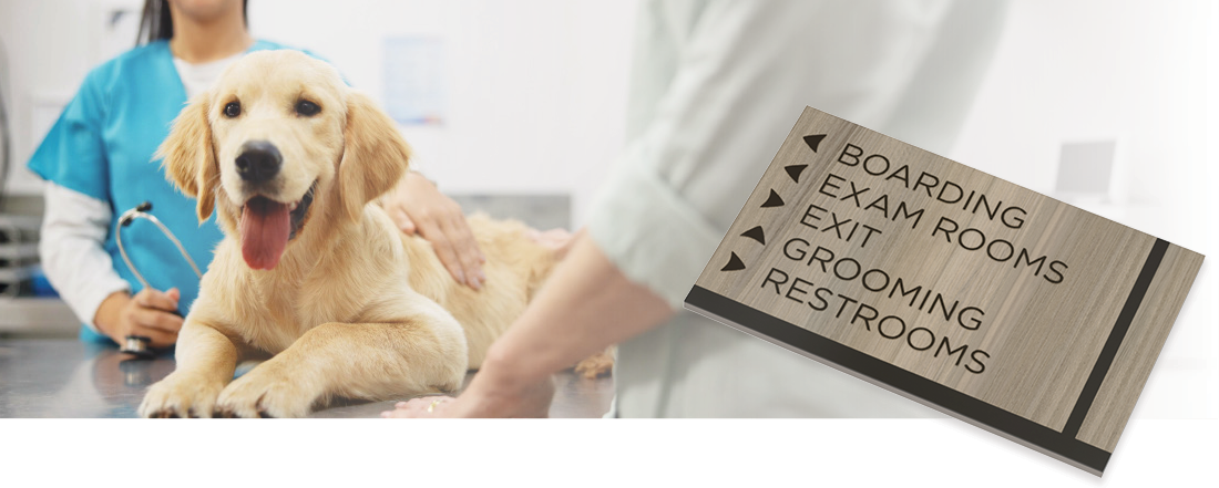 A veterinary clinic reception area with branded Flexia Pinnacle Iso signage that helps pet owners feel welcome and oriented.